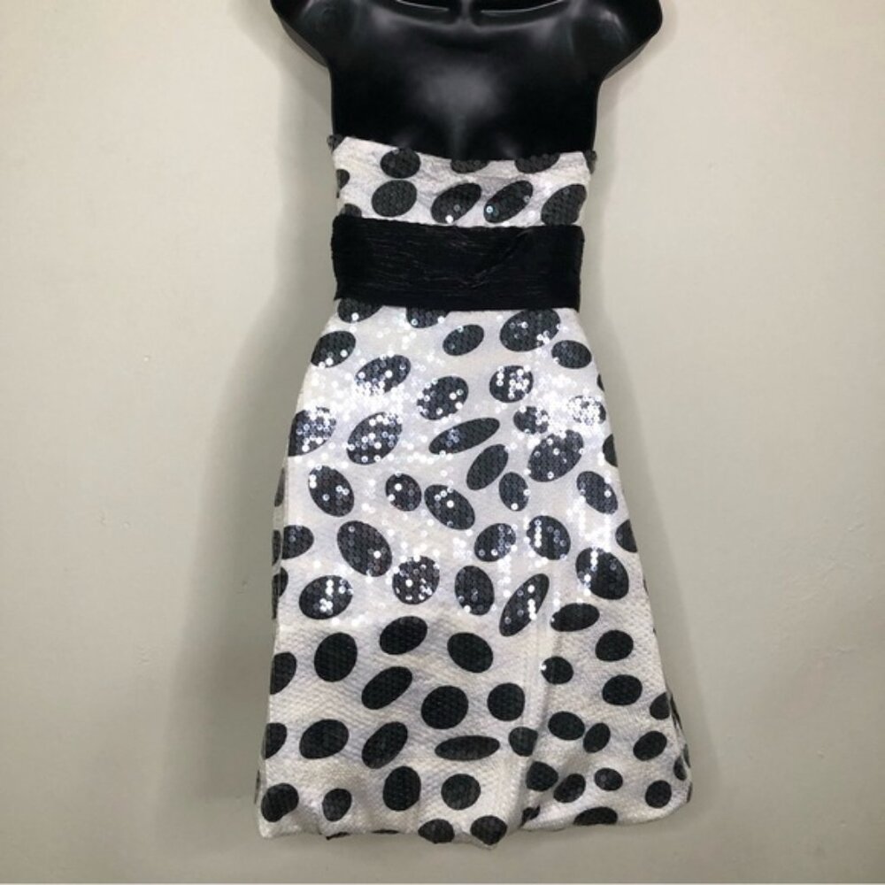 La Femme Polka Dot Sequined A-Line Short Dress - Black & White - Size 0 NWT - Picture 2 of 9